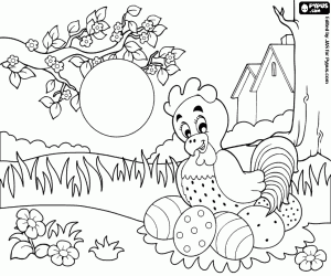 Easter eggs and hen in backyard coloring page