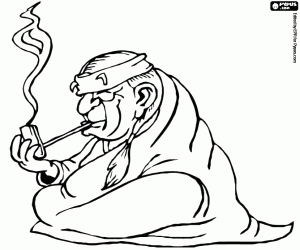 An elder indian smoking the pipe coloring page