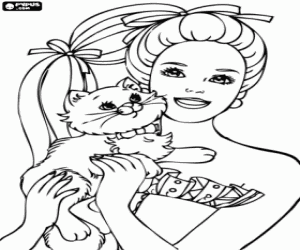 Elegant Barbie with the cat coloring page