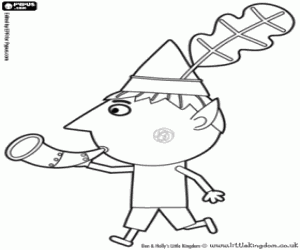 The elf Ben with a horn trumpet coloring page
