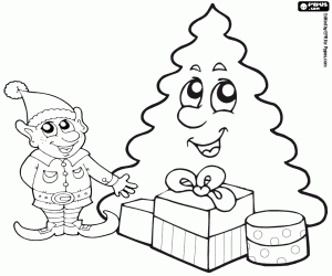 An elf, Christmas tree and gifts coloring page