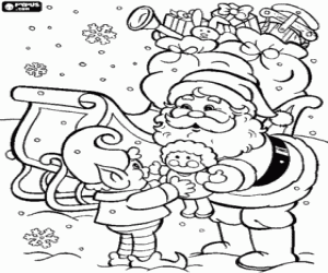 The elf helps Santa Claus coloring page