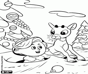 The elf Hermey and Rudolph playing coloring page