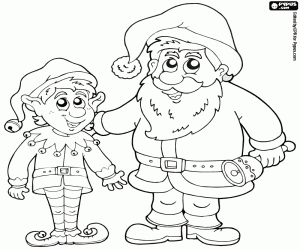 Elf and Santa Claus with a bell coloring page
