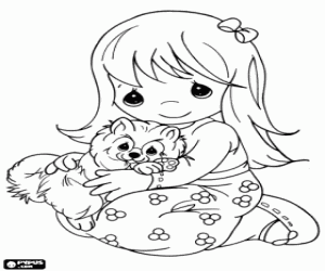 Embrace of the girl and the kitten coloring page
