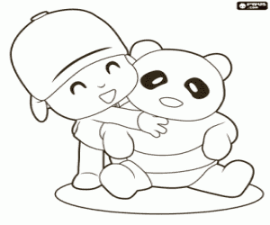 Embrace of Pocoyo and a bear panda coloring page