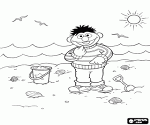 Ernie playing with sand on the beach coloring page