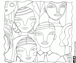 Faces of people in a Carnival parade coloring page
