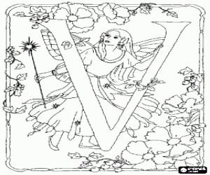 The fairy and letter V in the garden coloring page