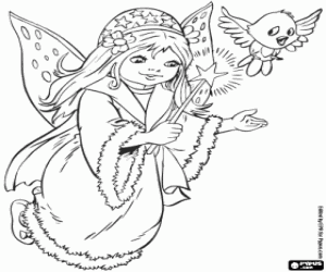 A fairy little girl with a bird coloring page