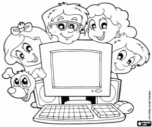 Family and computer coloring page
