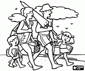 The family arrives at the beach coloring page