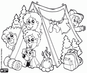 A family camping at the forest coloring page