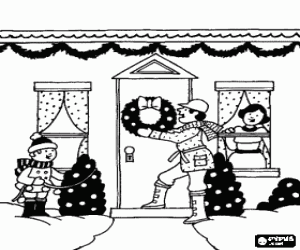 Family house nd Christmas decoration coloring page
