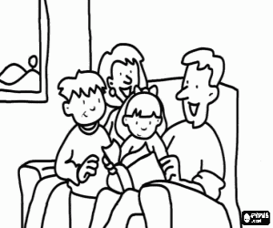 A family reading on the couch coloring page
