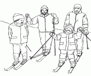 Family with two children skiing coloring page