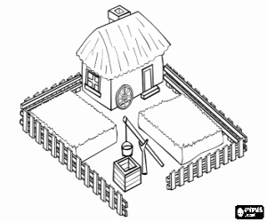 A farm house with a water well coloring page