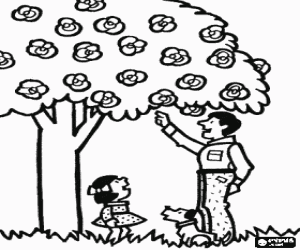 Father, daughter and a flowering tree coloring page