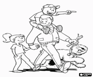 A father in a walk with his children coloring page