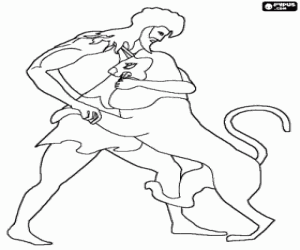 Fight between Heracles and a lion coloring page