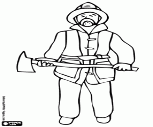Firefighter with axe in a fire coloring page