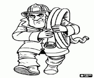 Firefighter with a hose on shoulder coloring page