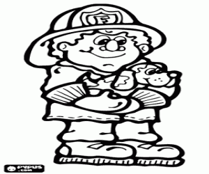 Firefighter with a dog in his arms coloring page