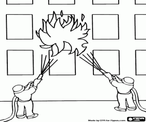 Firefighters and a fire in building coloring page