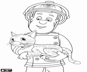 Fireman Sam and the rescued cat coloring page