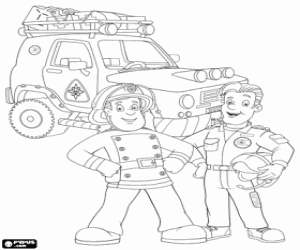 The firemen Sam and Tom with a jeep coloring page