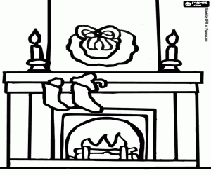 Fireplace with Christmas decorations coloring page