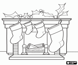 A fireplace decorated for Christmas coloring page