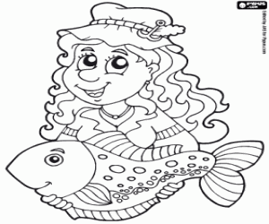 A fisherwoman with a big fish coloring page