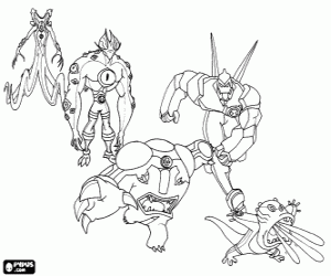 Five aliens from the Ben 10 Omnitrix coloring page