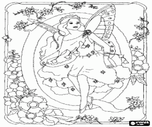 Flowers with the fairy and letter Q coloring page
