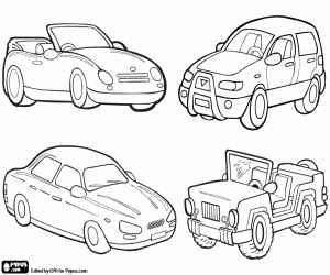 Four car models coloring page