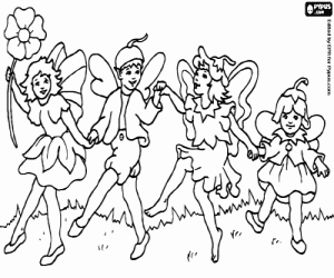 Four little goblins and a flower coloring page