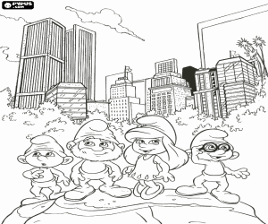 Four Smurfs in New York coloring page