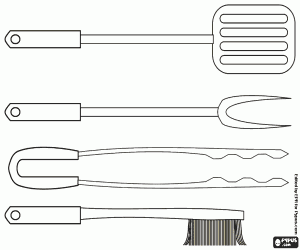 Four utensils for barbecues coloring page