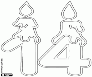 A fourteen, a 1 and a 4 with candles coloring page