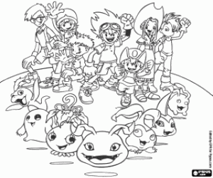 The friends and little digimons coloring page
