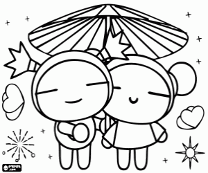 Garu and Pucca under an umbrella coloring page