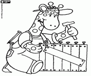 A giraffe as a carpenter coloring page