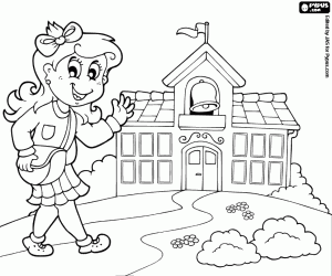 The girl arrives on foot to school coloring page