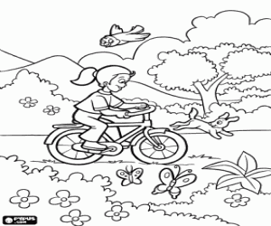 A girl with a bicycle in the spring coloring page