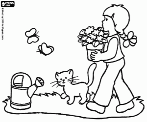 The girl, the cat and the plants coloring page