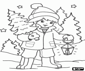 A girl with the fir and the lantern coloring page