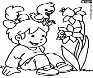 Girl, flower and bird in spring coloring page