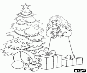 Girl, gifts and Christmas tree coloring page