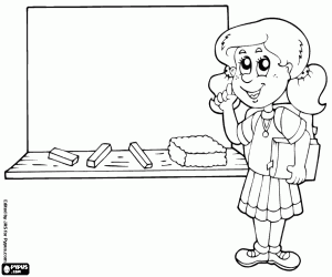 The girl near the blackboard coloring page